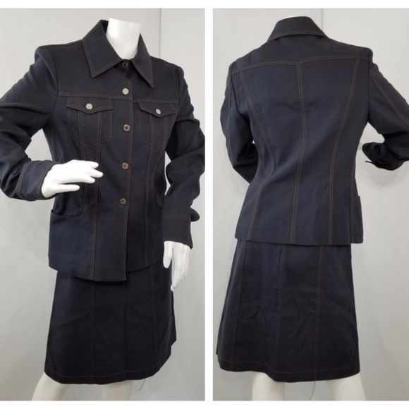 Les Copains Suit Womens Size 4/6 Blue Blazer Skirt Denim Design - Picture 1 of 6